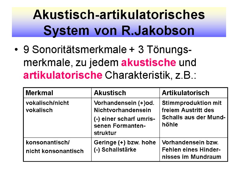 Akustisch-artikulatorisches System von R.Jakobson 9 Sonoritätsmerkmale + 3 Tönungs-merkmale, zu jedem akustische und artikulatorische